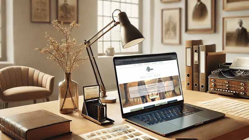 Bureau moderne avec un ordinateur affichant un arbre généalogique, accompagné de documents d’archives et de photos anciennes. Une scène illustrant la recherche en histoire familiale.