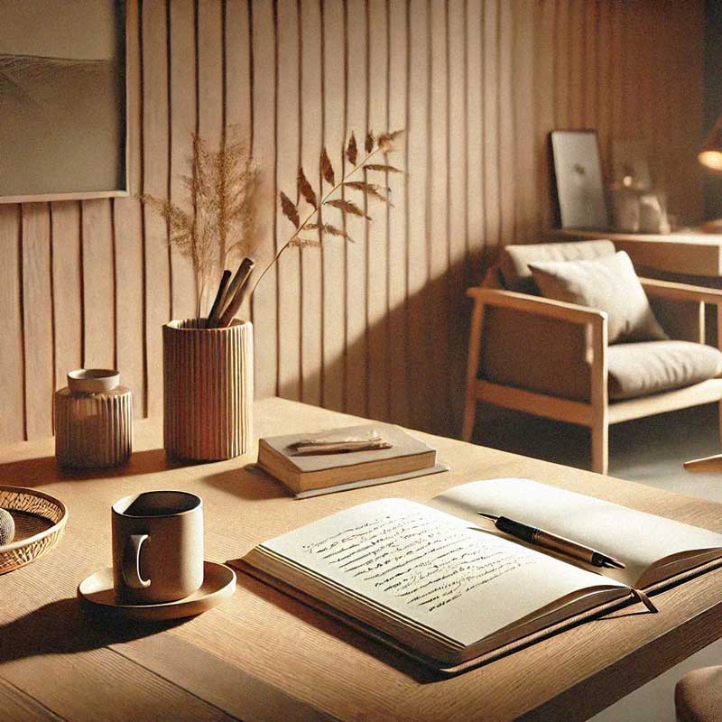 Bureau épuré au design nordique avec un carnet ouvert, un stylo et une tasse de café, suggérant l’écriture et la réflexion dans un cadre professionnel chaleureux.