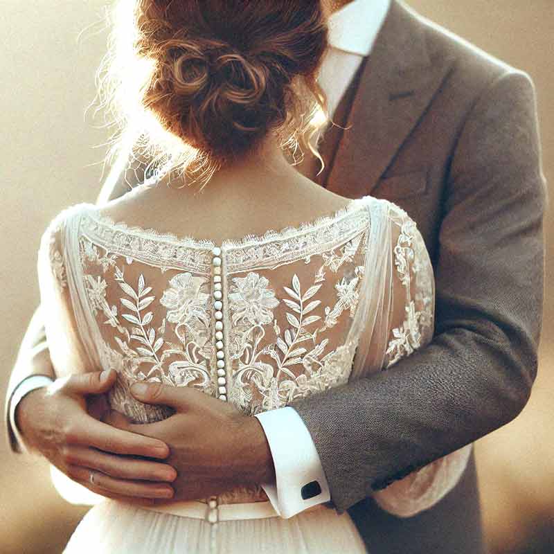 Dos d’une mariée enlacée par son époux, symbolisant la tendresse et la complicité d’un couple. Une image douce et intemporelle illustrant l’histoire d’amour des mariés.