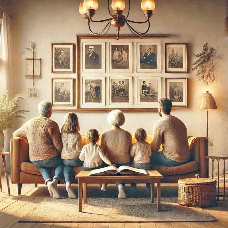 Une famille assise sur un canapé, vue de dos, feuilletant un album photo ensemble. Une scène chaleureuse illustrant la transmission des souvenirs et du patrimoine familial.