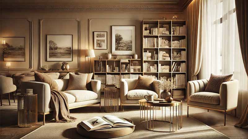 Salon moderne et chaleureux, propice à la rédaction d'une biographie personnalisée.